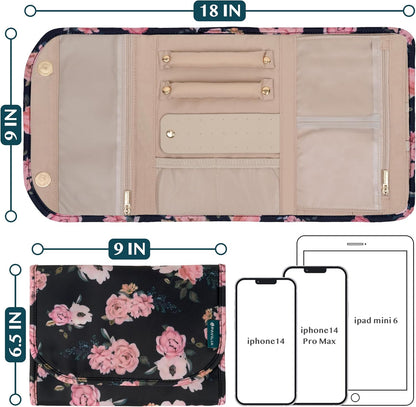 Travel Jewelry Case Organizer, Foldable Jewelry Roll Bag for Earrings, Rings, Necklaces, Bracelets, Accessories, Compact Travel Pouch Wallet for Women, Anti-Tangle (Quilt Black)