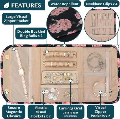 Travel Jewelry Case Organizer, Foldable Jewelry Roll Bag for Earrings, Rings, Necklaces, Bracelets, Accessories, Compact Travel Pouch Wallet for Women, Anti-Tangle (Quilt Black)
