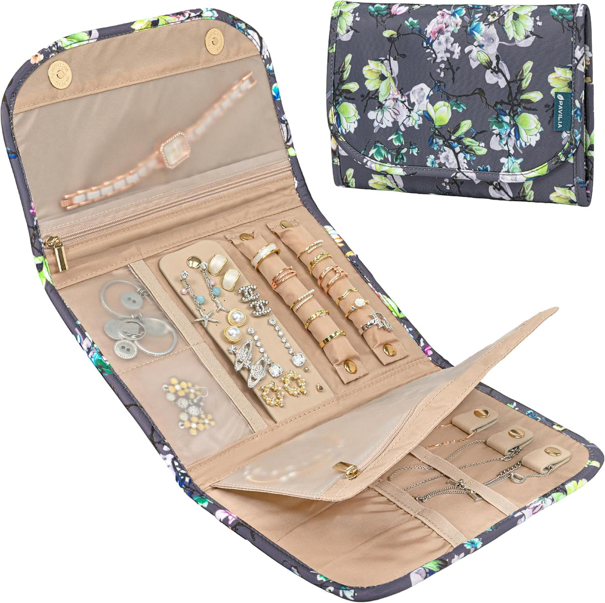 Travel Jewelry Case Organizer, Foldable Jewelry Roll Bag for Earrings, Rings, Necklaces, Bracelets, Accessories, Compact Travel Pouch Wallet for Women, Anti-Tangle (Quilt Black)