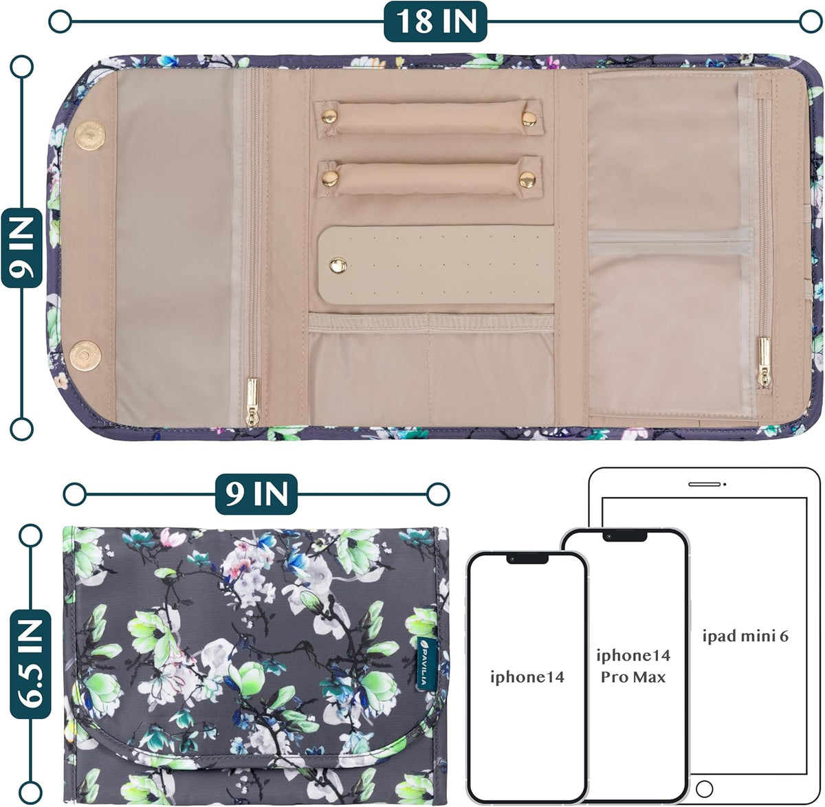 Travel Jewelry Case Organizer, Foldable Jewelry Roll Bag for Earrings, Rings, Necklaces, Bracelets, Accessories, Compact Travel Pouch Wallet for Women, Anti-Tangle (Quilt Black)