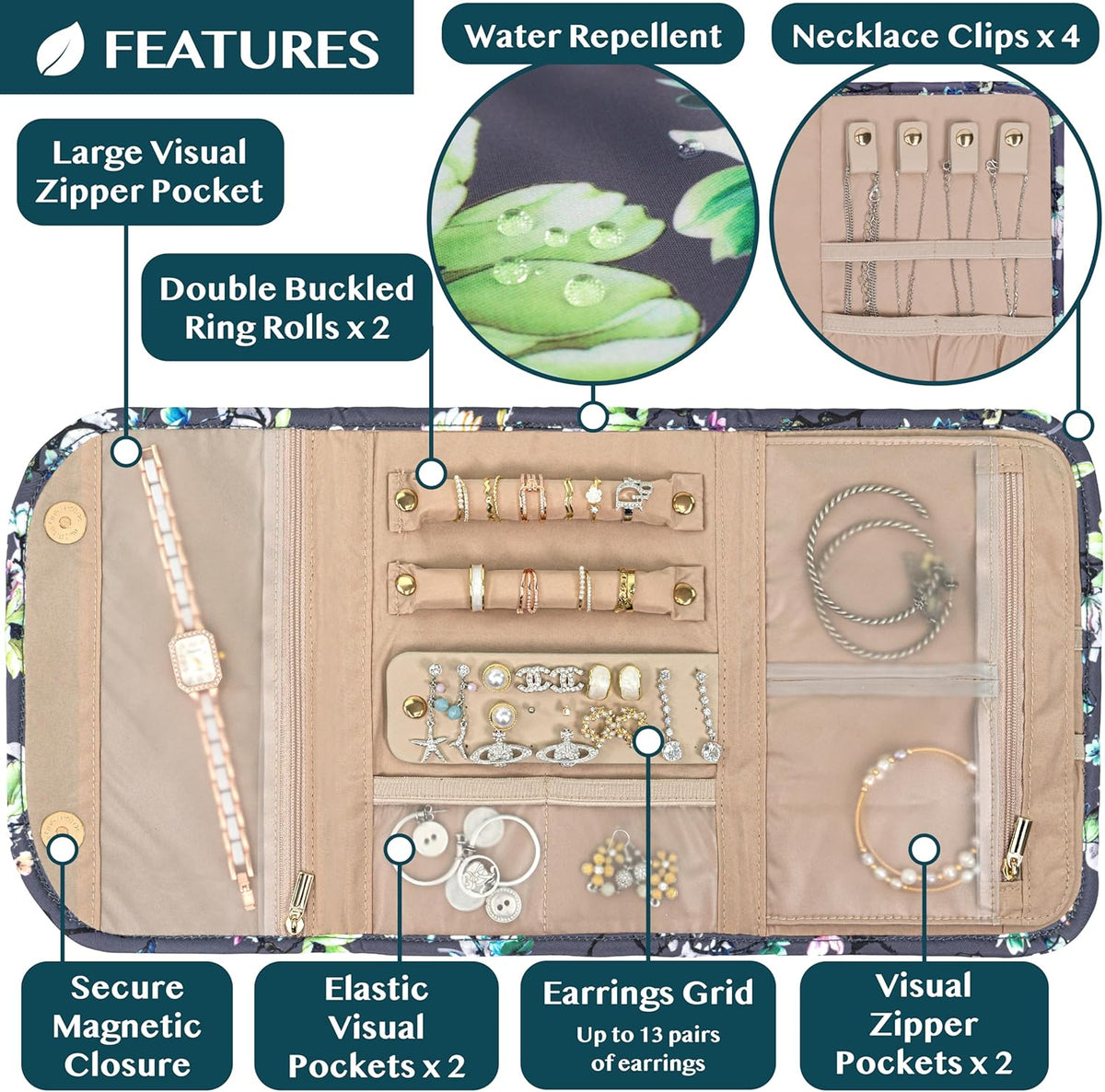 Travel Jewelry Case Organizer, Foldable Jewelry Roll Bag for Earrings, Rings, Necklaces, Bracelets, Accessories, Compact Travel Pouch Wallet for Women, Anti-Tangle (Quilt Black)