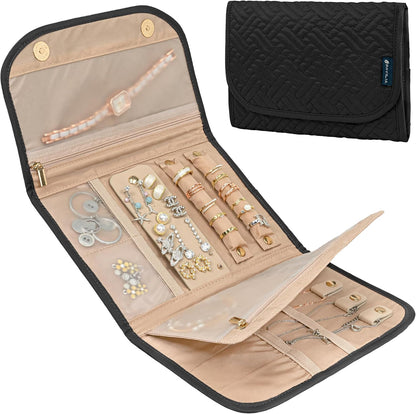 Travel Jewelry Case Organizer, Foldable Jewelry Roll Bag for Earrings, Rings, Necklaces, Bracelets, Accessories, Compact Travel Pouch Wallet for Women, Anti-Tangle (Quilt Black)