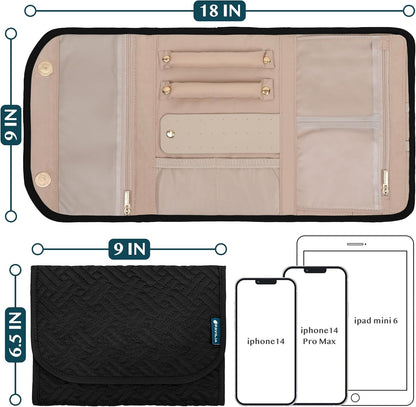 Travel Jewelry Case Organizer, Foldable Jewelry Roll Bag for Earrings, Rings, Necklaces, Bracelets, Accessories, Compact Travel Pouch Wallet for Women, Anti-Tangle (Quilt Black)