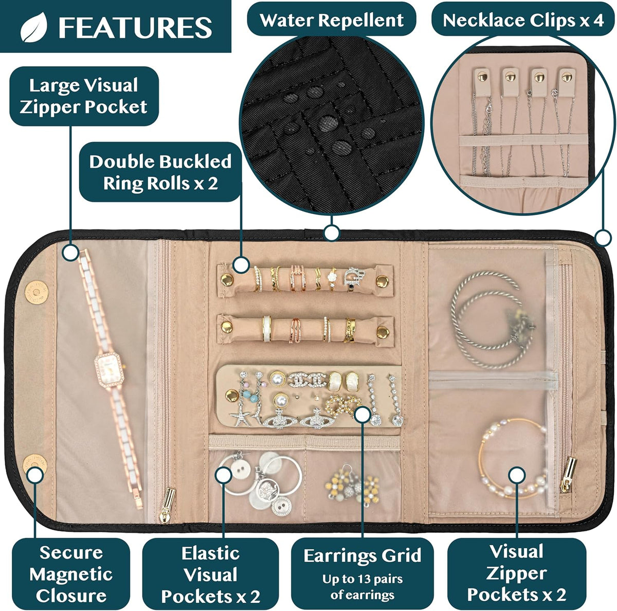 Travel Jewelry Case Organizer, Foldable Jewelry Roll Bag for Earrings, Rings, Necklaces, Bracelets, Accessories, Compact Travel Pouch Wallet for Women, Anti-Tangle (Quilt Black)