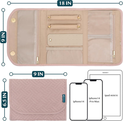 Travel Jewelry Case Organizer, Foldable Jewelry Roll Bag for Earrings, Rings, Necklaces, Bracelets, Accessories, Compact Travel Pouch Wallet for Women, Anti-Tangle (Quilt Black)