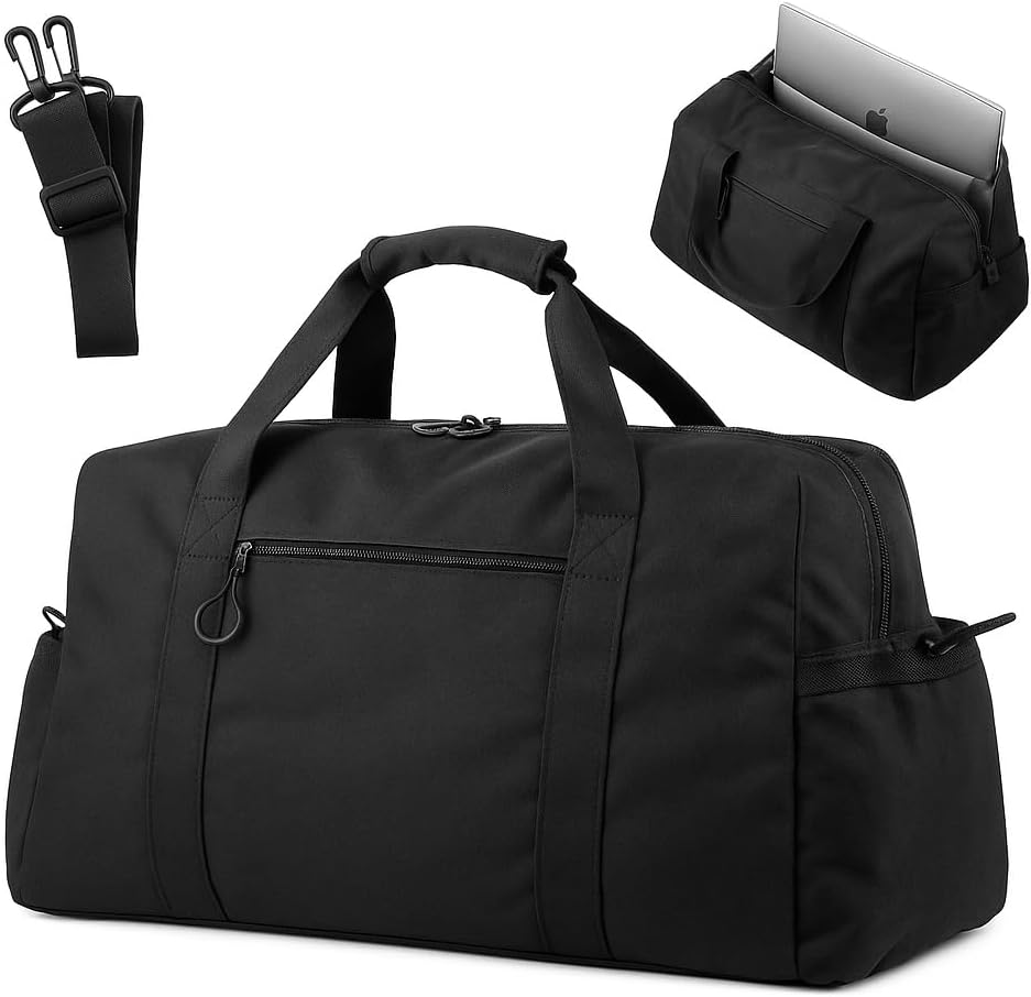 Weekender Travel Bag with Laptop Compartment 26L, 20×10×8 Personal Item Duffle Bag, Waterproof Nylon Carry-On Overnight Travel Bag for women men, Hospital Bag for Labor and Delivery(Black)
