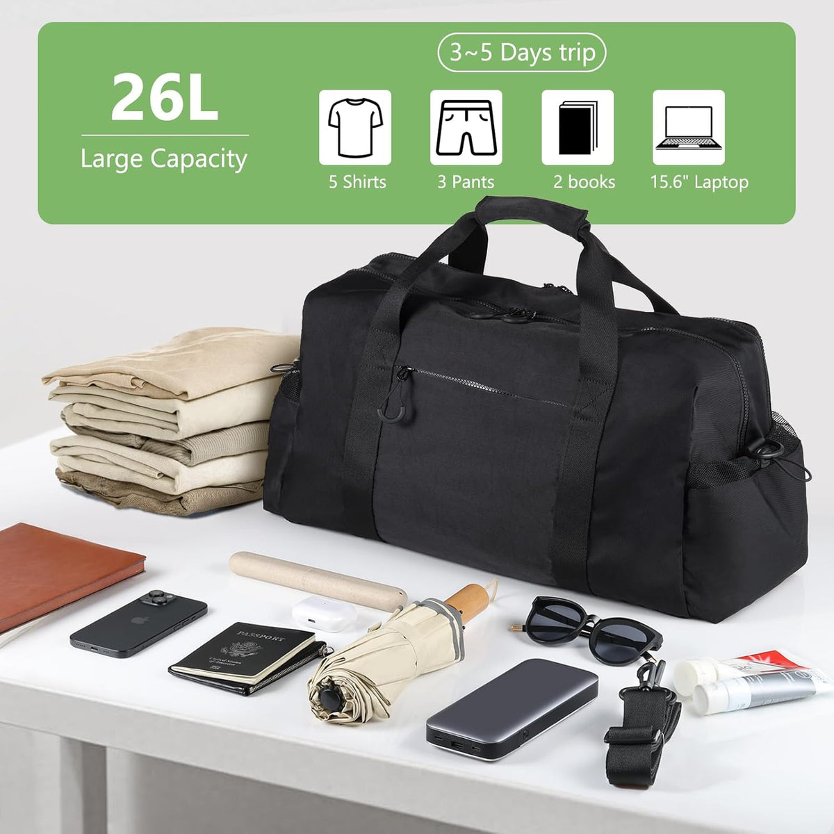 Weekender Travel Bag with Laptop Compartment 26L, 20×10×8 Personal Item Duffle Bag, Waterproof Nylon Carry-On Overnight Travel Bag for women men, Hospital Bag for Labor and Delivery(Black)