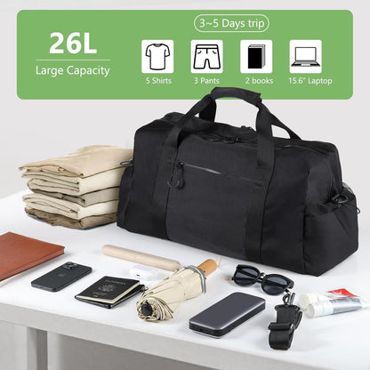 Weekender Travel Bag with Laptop Compartment 26L, 20×10×8 Personal Item Duffle Bag, Waterproof Nylon Carry-On Overnight Travel Bag for women men, Hospital Bag for Labor and Delivery(Black)
