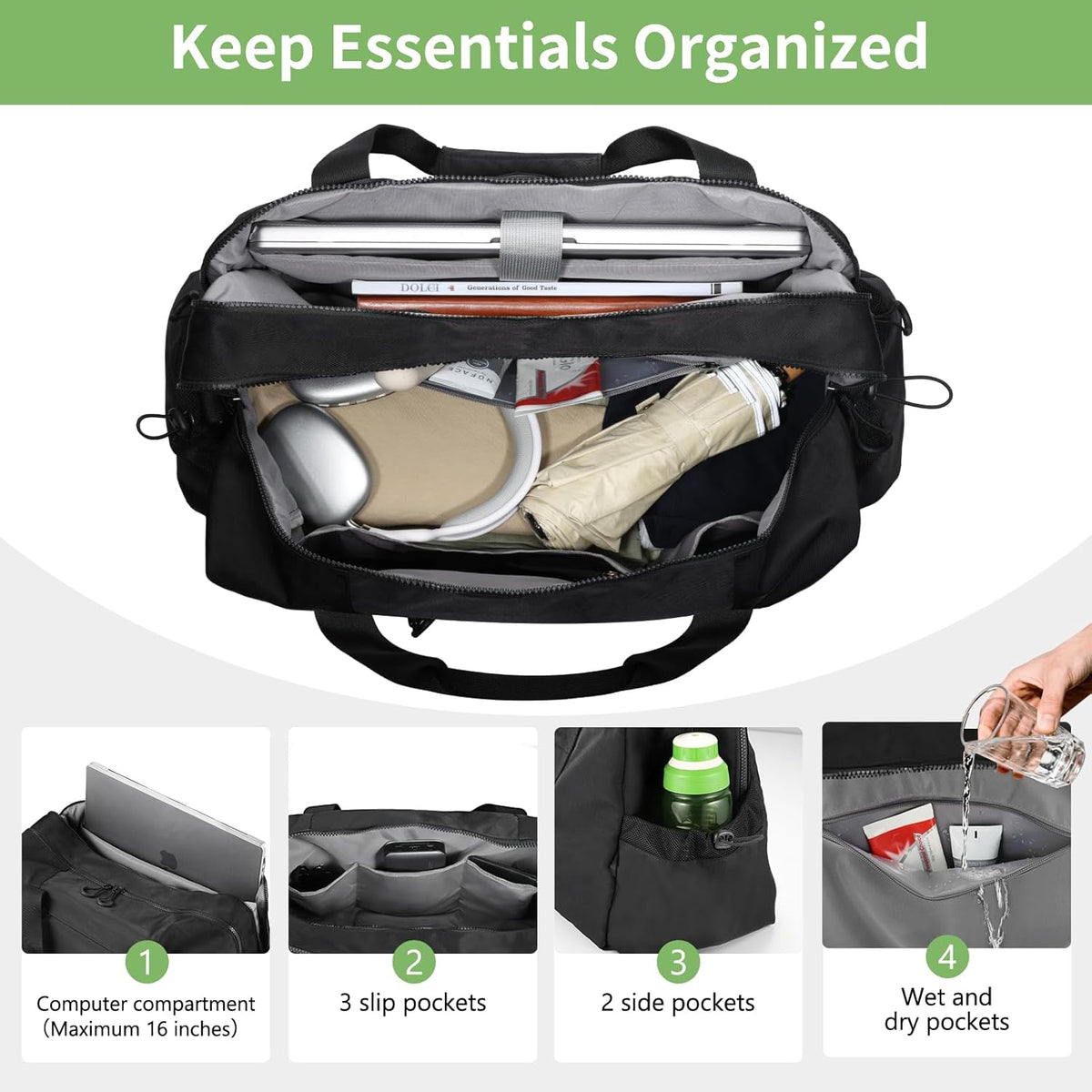 Weekender Travel Bag with Laptop Compartment 26L, 20×10×8 Personal Item Duffle Bag, Waterproof Nylon Carry-On Overnight Travel Bag for women men, Hospital Bag for Labor and Delivery(Black)