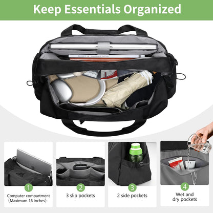 Weekender Travel Bag with Laptop Compartment 26L, 20×10×8 Personal Item Duffle Bag, Waterproof Nylon Carry-On Overnight Travel Bag for women men, Hospital Bag for Labor and Delivery(Black)