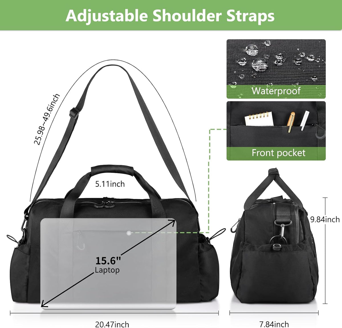 Weekender Travel Bag with Laptop Compartment 26L, 20×10×8 Personal Item Duffle Bag, Waterproof Nylon Carry-On Overnight Travel Bag for women men, Hospital Bag for Labor and Delivery(Black)