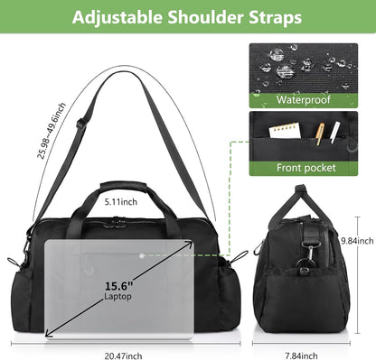 Weekender Travel Bag with Laptop Compartment 26L, 20×10×8 Personal Item Duffle Bag, Waterproof Nylon Carry-On Overnight Travel Bag for women men, Hospital Bag for Labor and Delivery(Black)