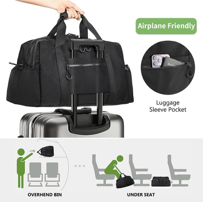 Weekender Travel Bag with Laptop Compartment 26L, 20×10×8 Personal Item Duffle Bag, Waterproof Nylon Carry-On Overnight Travel Bag for women men, Hospital Bag for Labor and Delivery(Black)