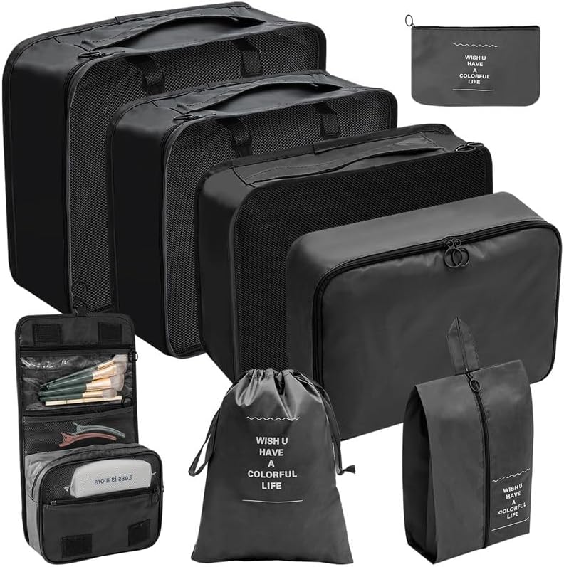 8 Pcs Bag Organizer Set – 8 Pcs Packing Cubes, Travel Cubes, Shoe Bag, Toiletry Pouches, Clothes Organizers, Waterproof Luggage & Travel Bags – Suitcase Organizer & Organizers for Travel Essentials