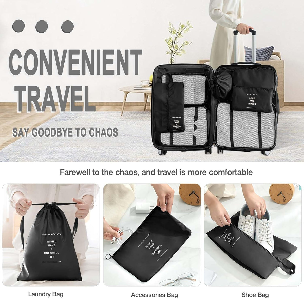 8 Pcs Bag Organizer Set – 8 Pcs Packing Cubes, Travel Cubes, Shoe Bag, Toiletry Pouches, Clothes Organizers, Waterproof Luggage & Travel Bags – Suitcase Organizer & Organizers for Travel Essentials