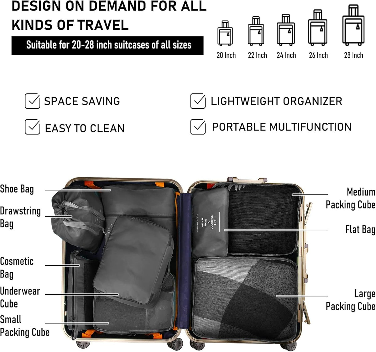 8 Pcs Bag Organizer Set – 8 Pcs Packing Cubes, Travel Cubes, Shoe Bag, Toiletry Pouches, Clothes Organizers, Waterproof Luggage & Travel Bags – Suitcase Organizer & Organizers for Travel Essentials