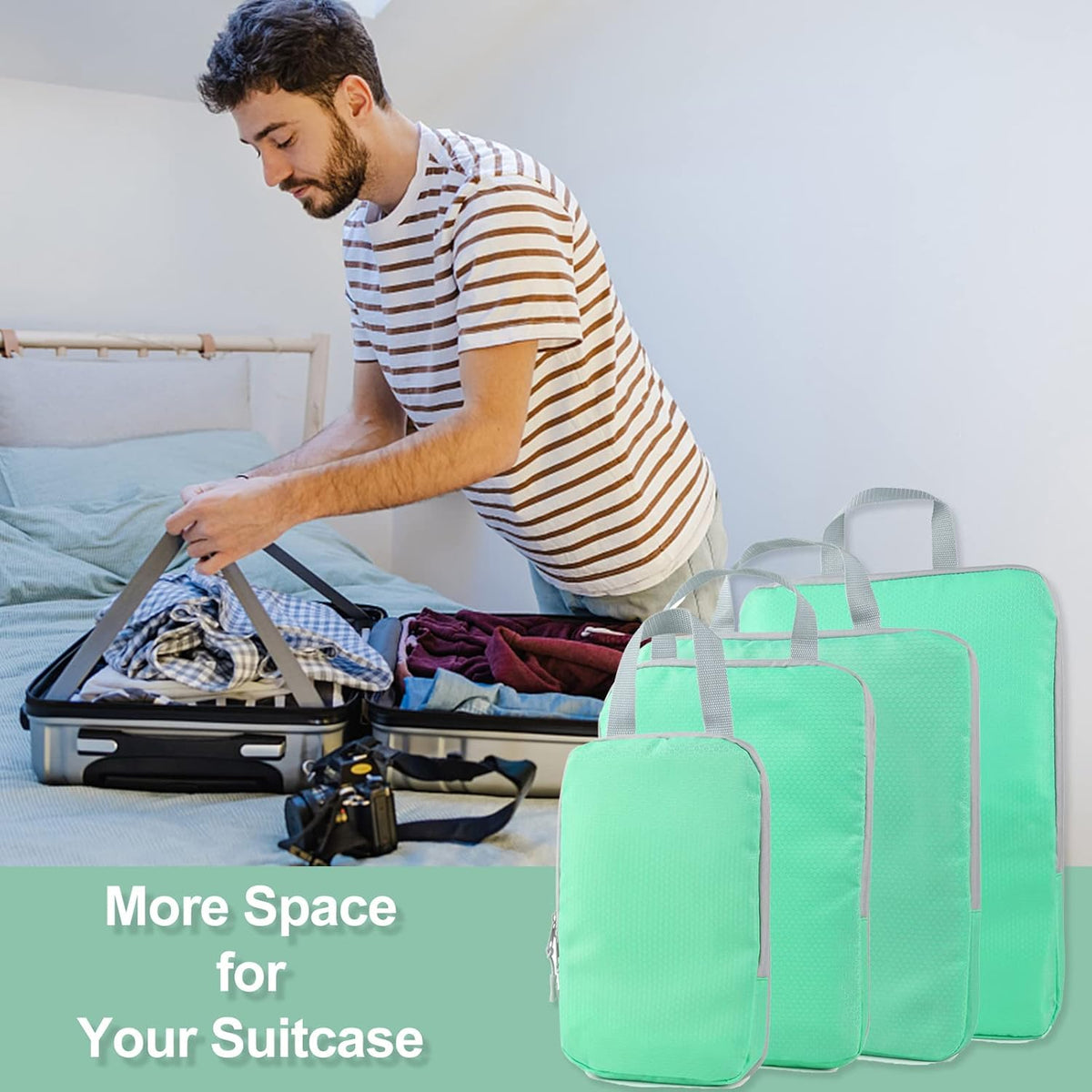 4 Set Compression Packing Cubes, Travel Luggage Organizers and Storage Packing Cubes (Green)