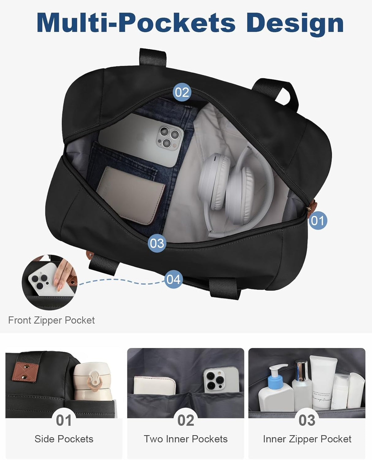 Travel Duffle Bag, Waterproof Weekender Overnight Hospital Bags for Women Men with Toiletry Bag Lightweight Carry on Personal Item Duffle Gym Bag for Travel, Airplanes, Sports
