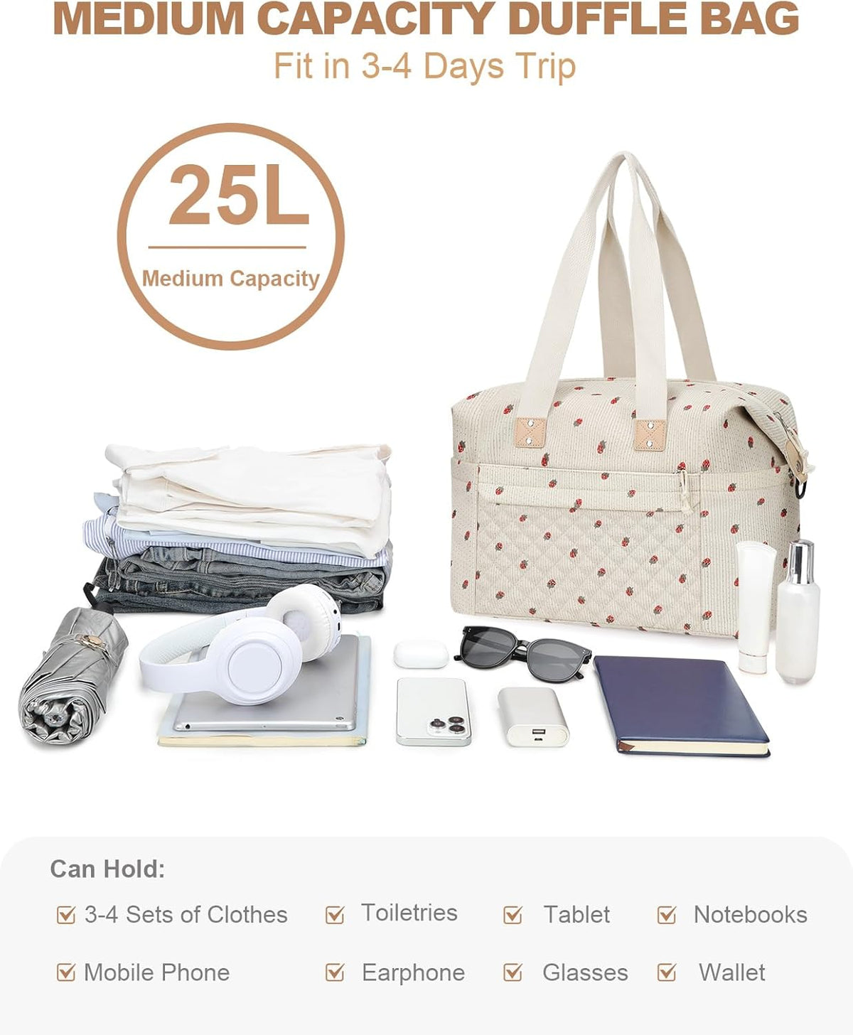 Travel Duffle Bag, Waterproof Weekender Overnight Hospital Bags for Women Men with Toiletry Bag Lightweight Carry on Personal Item Duffle Gym Bag for Travel, Airplanes, Sports