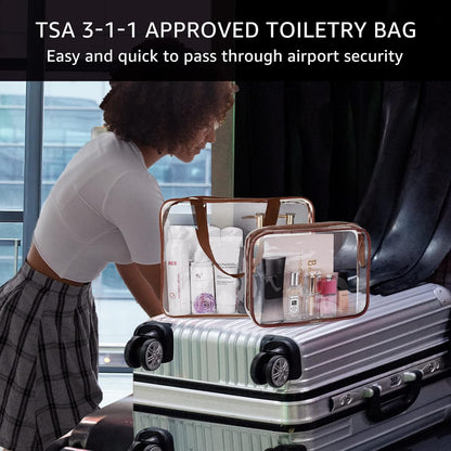 Crystal Clear PVC Travel Toiletry Bag Kit for Women Men, Waterproof Vinyl Organizer Makeup Bags with Zipper Handle Straps, Cosmetic Bag Pouch Carry on Airport Airline Compliant Bag Handbag