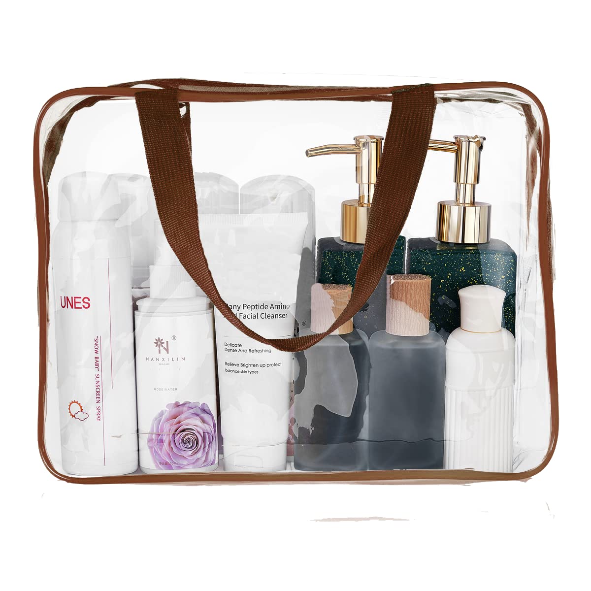 Crystal Clear PVC Travel Toiletry Bag Kit for Women Men, Waterproof Vinyl Organizer Makeup Bags with Zipper Handle Straps, Cosmetic Bag Pouch Carry on Airport Airline Compliant Bag Handbag