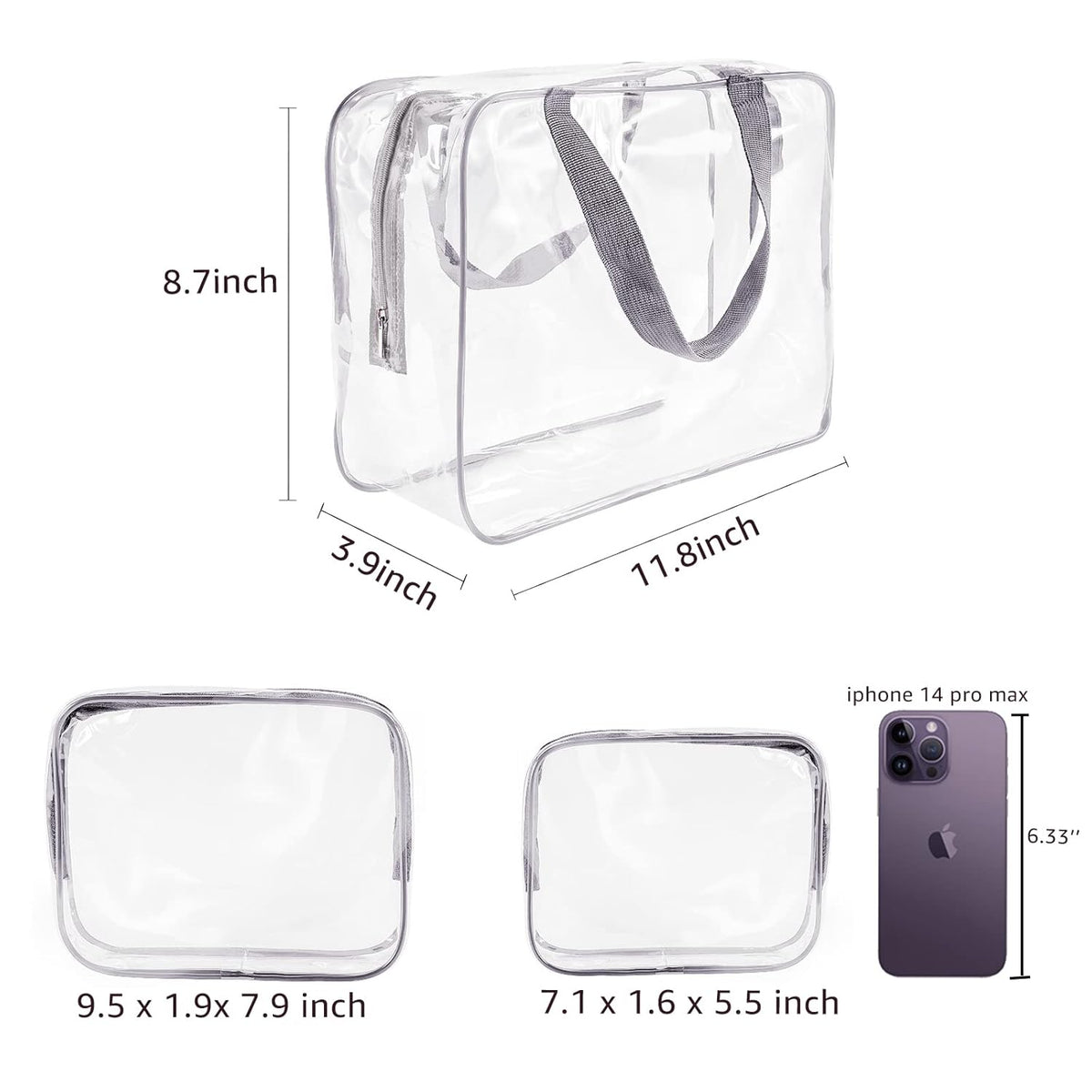 Crystal Clear PVC Travel Toiletry Bag Kit for Women Men, Waterproof Vinyl Organizer Makeup Bags with Zipper Handle Straps, Cosmetic Bag Pouch Carry on Airport Airline Compliant Bag Handbag