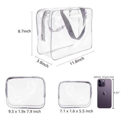 Crystal Clear PVC Travel Toiletry Bag Kit for Women Men, Waterproof Vinyl Organizer Makeup Bags with Zipper Handle Straps, Cosmetic Bag Pouch Carry on Airport Airline Compliant Bag Handbag
