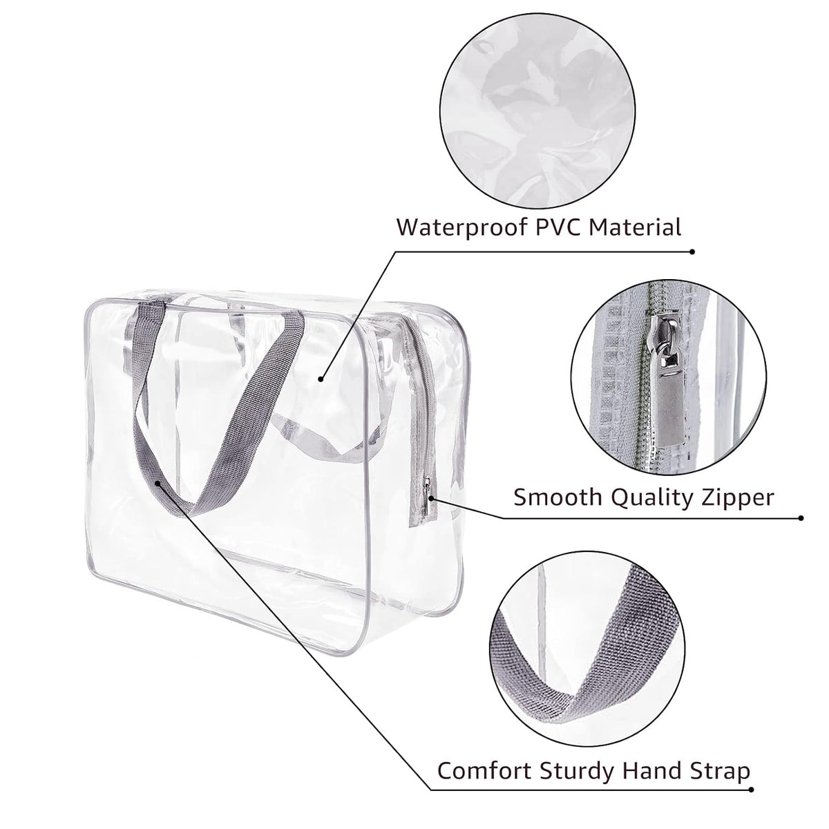 Crystal Clear PVC Travel Toiletry Bag Kit for Women Men, Waterproof Vinyl Organizer Makeup Bags with Zipper Handle Straps, Cosmetic Bag Pouch Carry on Airport Airline Compliant Bag Handbag