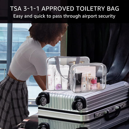 Crystal Clear PVC Travel Toiletry Bag Kit for Women Men, Waterproof Vinyl Organizer Makeup Bags with Zipper Handle Straps, Cosmetic Bag Pouch Carry on Airport Airline Compliant Bag Handbag