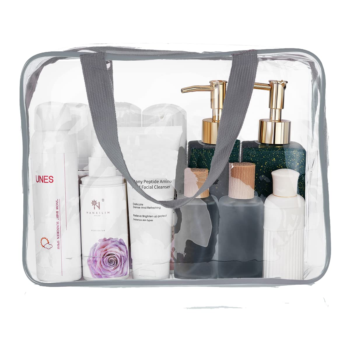 Crystal Clear PVC Travel Toiletry Bag Kit for Women Men, Waterproof Vinyl Organizer Makeup Bags with Zipper Handle Straps, Cosmetic Bag Pouch Carry on Airport Airline Compliant Bag Handbag