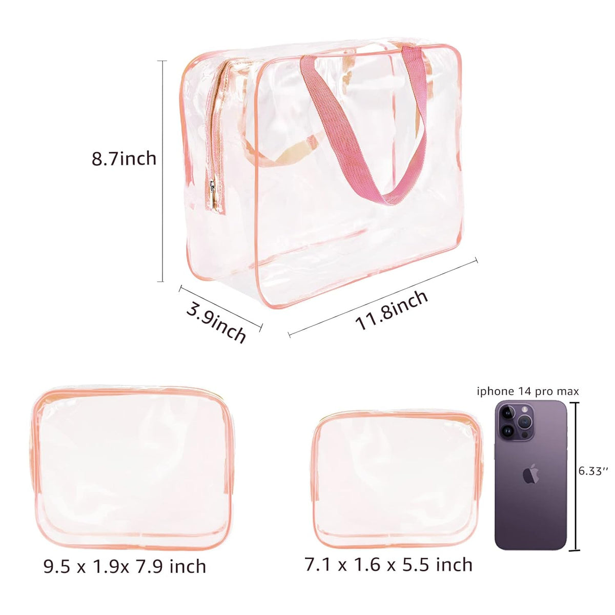 Crystal Clear PVC Travel Toiletry Bag Kit for Women Men, Waterproof Vinyl Organizer Makeup Bags with Zipper Handle Straps, Cosmetic Bag Pouch Carry on Airport Airline Compliant Bag Handbag