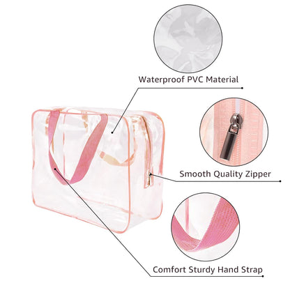 Crystal Clear PVC Travel Toiletry Bag Kit for Women Men, Waterproof Vinyl Organizer Makeup Bags with Zipper Handle Straps, Cosmetic Bag Pouch Carry on Airport Airline Compliant Bag Handbag