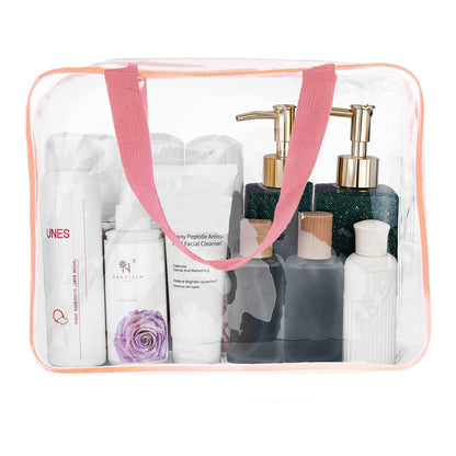 Crystal Clear PVC Travel Toiletry Bag Kit for Women Men, Waterproof Vinyl Organizer Makeup Bags with Zipper Handle Straps, Cosmetic Bag Pouch Carry on Airport Airline Compliant Bag Handbag