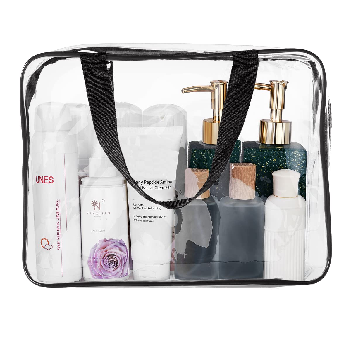 Crystal Clear PVC Travel Toiletry Bag Kit for Women Men, Waterproof Vinyl Organizer Makeup Bags with Zipper Handle Straps, Cosmetic Bag Pouch Carry on Airport Airline Compliant Bag Handbag
