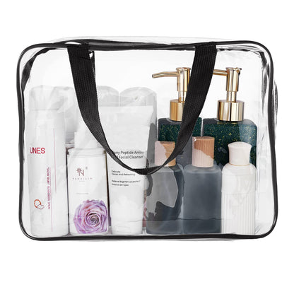 Crystal Clear PVC Travel Toiletry Bag Kit for Women Men, Waterproof Vinyl Organizer Makeup Bags with Zipper Handle Straps, Cosmetic Bag Pouch Carry on Airport Airline Compliant Bag Handbag