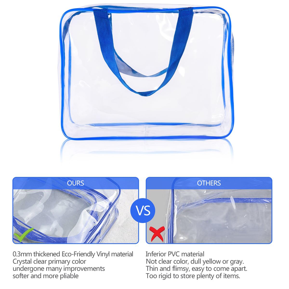 Crystal Clear PVC Travel Toiletry Bag Kit for Women Men, Waterproof Vinyl Organizer Makeup Bags with Zipper Handle Straps, Cosmetic Bag Pouch Carry on Airport Airline Compliant Bag Handbag