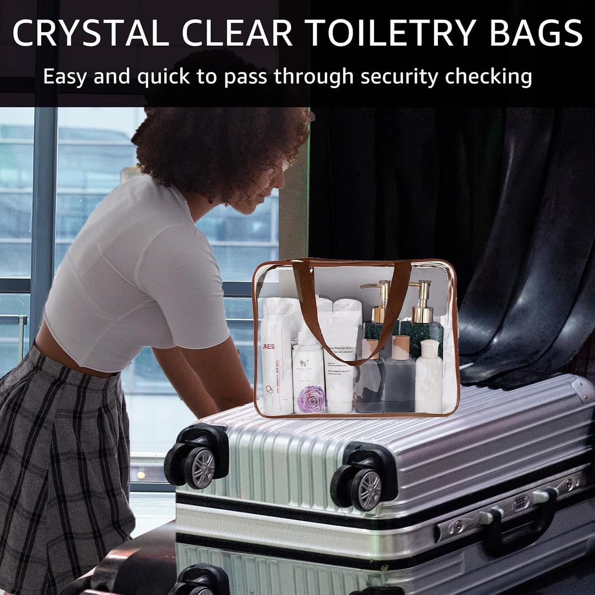 Crystal Clear PVC Travel Toiletry Bag Kit for Women Men, Waterproof Vinyl Organizer Makeup Bags with Zipper Handle Straps, Cosmetic Bag Pouch Carry on Airport Airline Compliant Bag Handbag