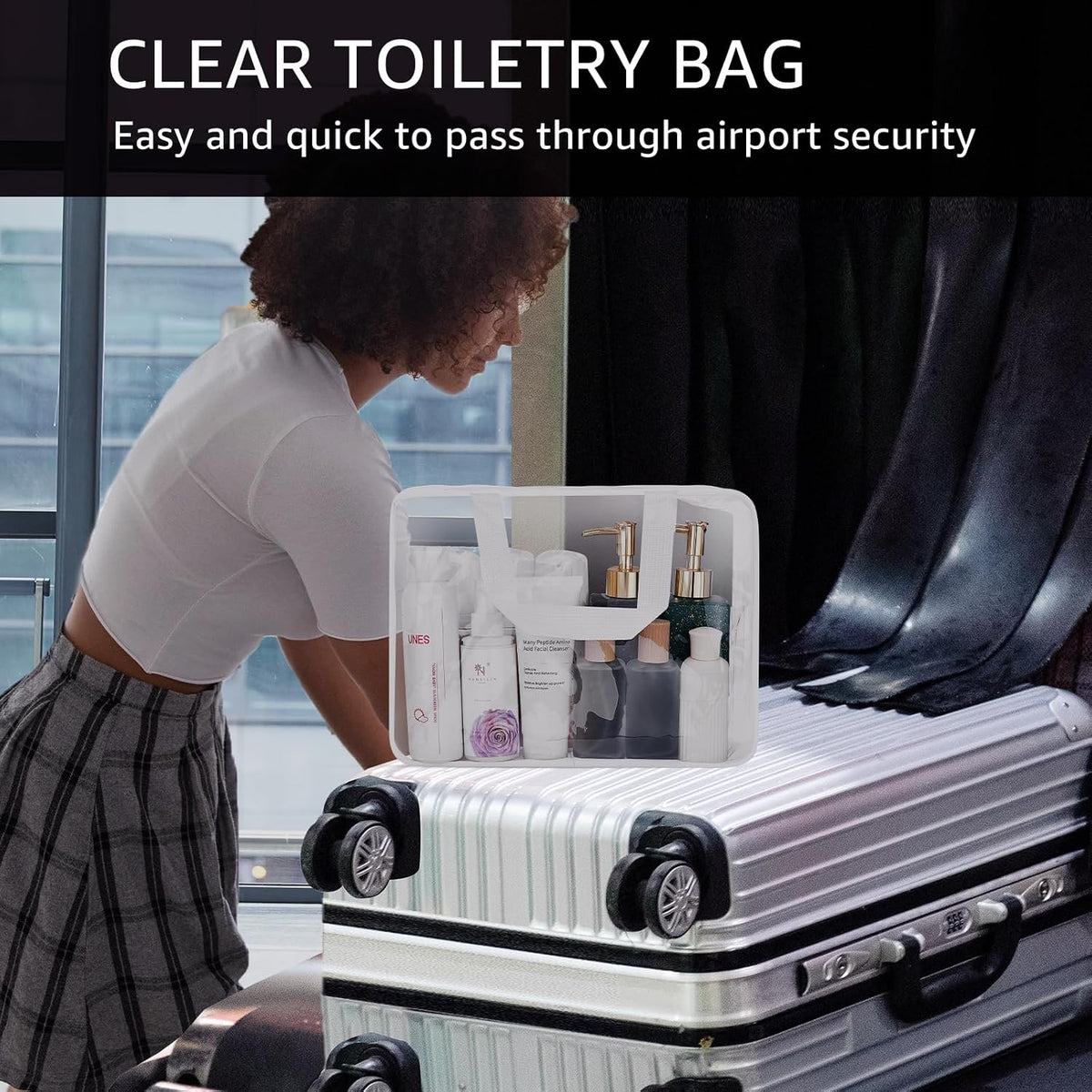 Crystal Clear PVC Travel Toiletry Bag Kit for Women Men, Waterproof Vinyl Organizer Makeup Bags with Zipper Handle Straps, Cosmetic Bag Pouch Carry on Airport Airline Compliant Bag Handbag