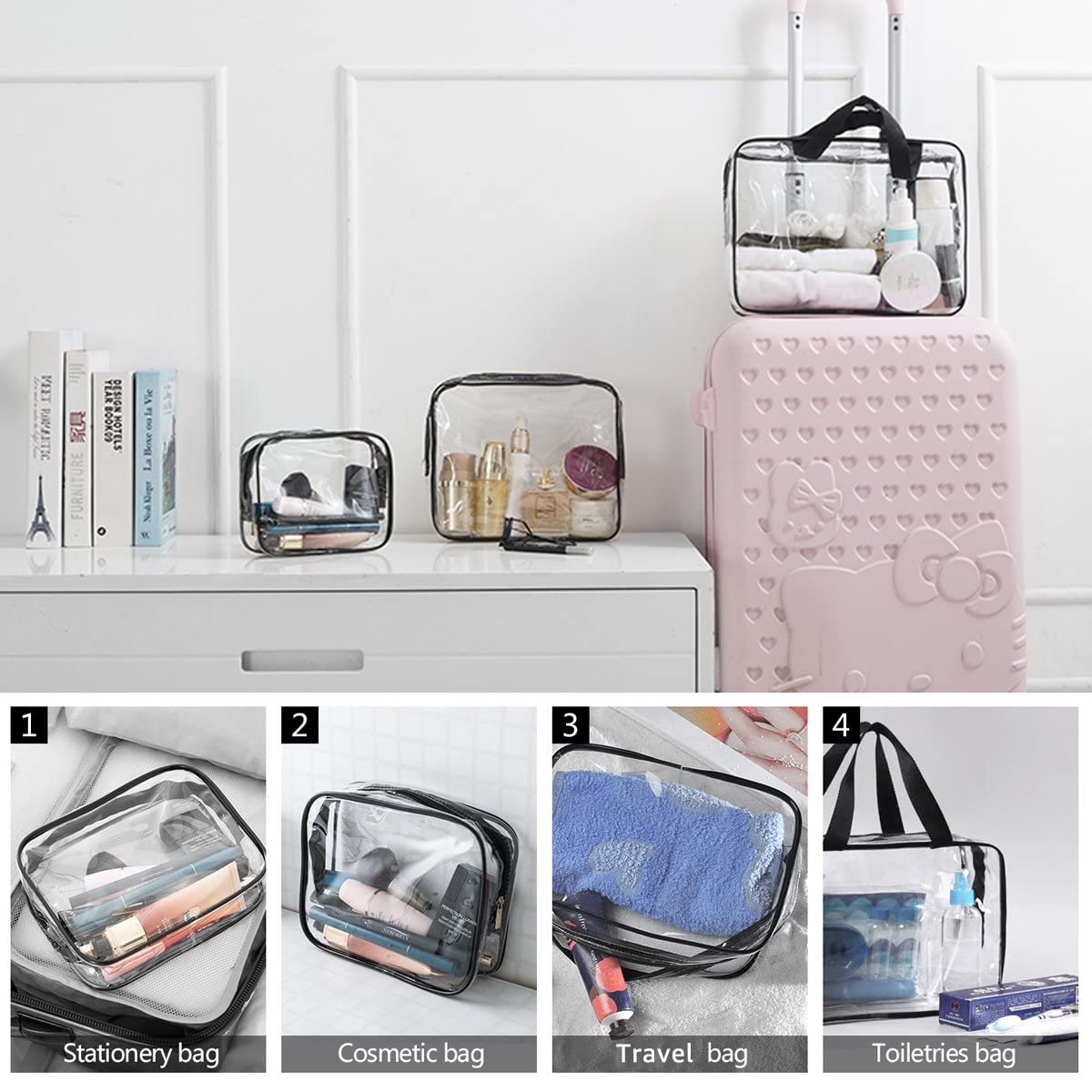 Crystal Clear PVC Travel Toiletry Bag Kit for Women Men, Waterproof Vinyl Organizer Makeup Bags with Zipper Handle Straps, Cosmetic Bag Pouch Carry on Airport Airline Compliant Bag Handbag