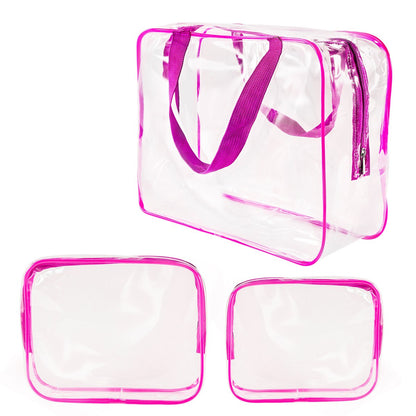 Crystal Clear PVC Travel Toiletry Bag Kit for Women Men, Waterproof Vinyl Organizer Makeup Bags with Zipper Handle Straps, Cosmetic Bag Pouch Carry on Airport Airline Compliant Bag Handbag