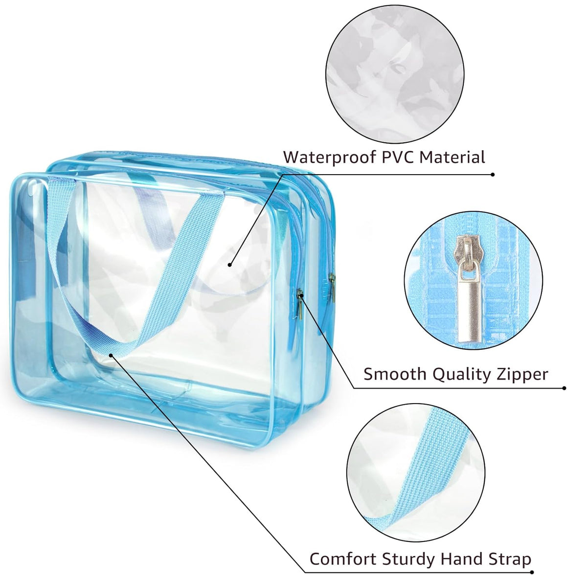 Crystal Clear PVC Travel Toiletry Bag Kit for Women Men, Waterproof Vinyl Organizer Makeup Bags with Zipper Handle Straps, Cosmetic Bag Pouch Carry on Airport Airline Compliant Bag Handbag
