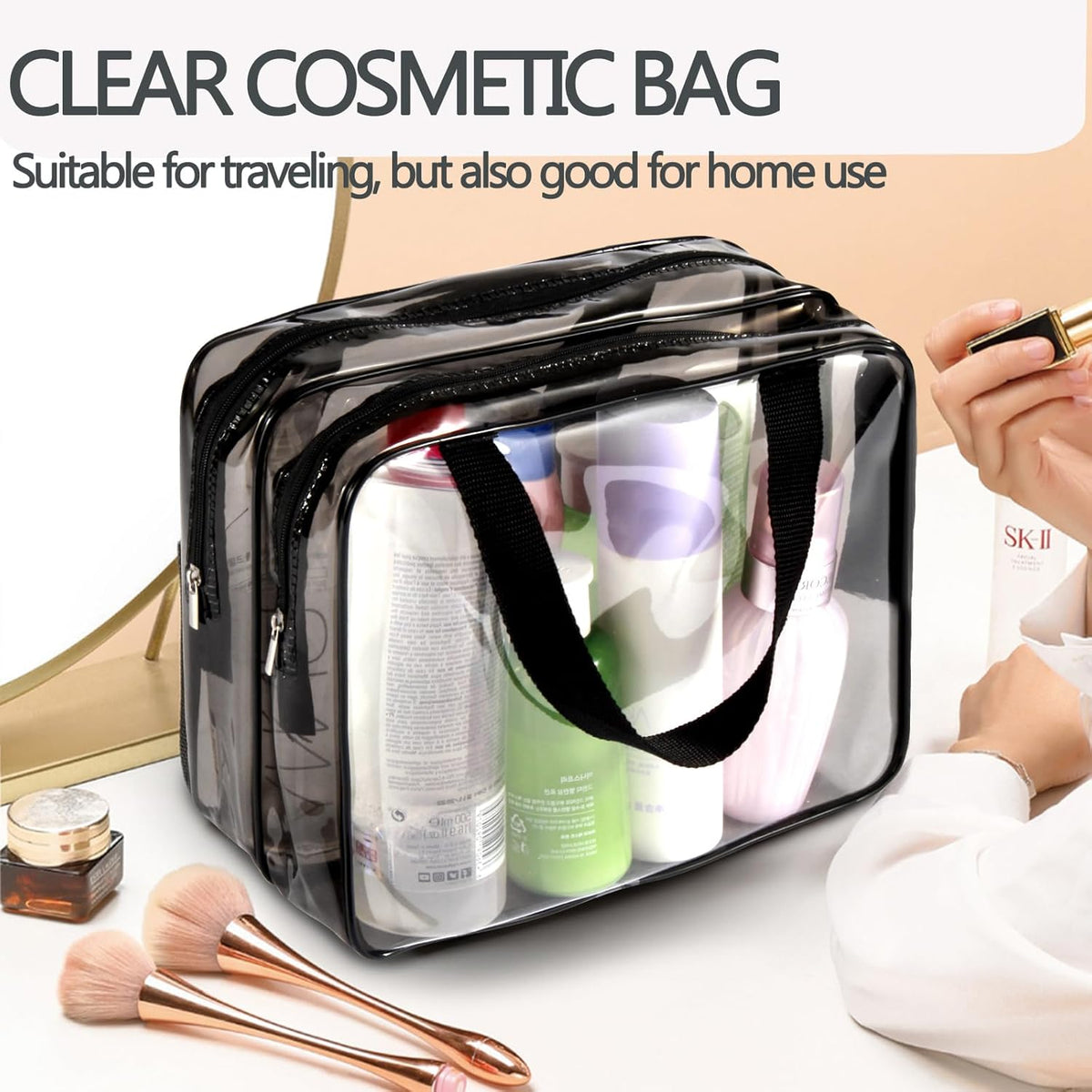 Crystal Clear PVC Travel Toiletry Bag Kit for Women Men, Waterproof Vinyl Organizer Makeup Bags with Zipper Handle Straps, Cosmetic Bag Pouch Carry on Airport Airline Compliant Bag Handbag