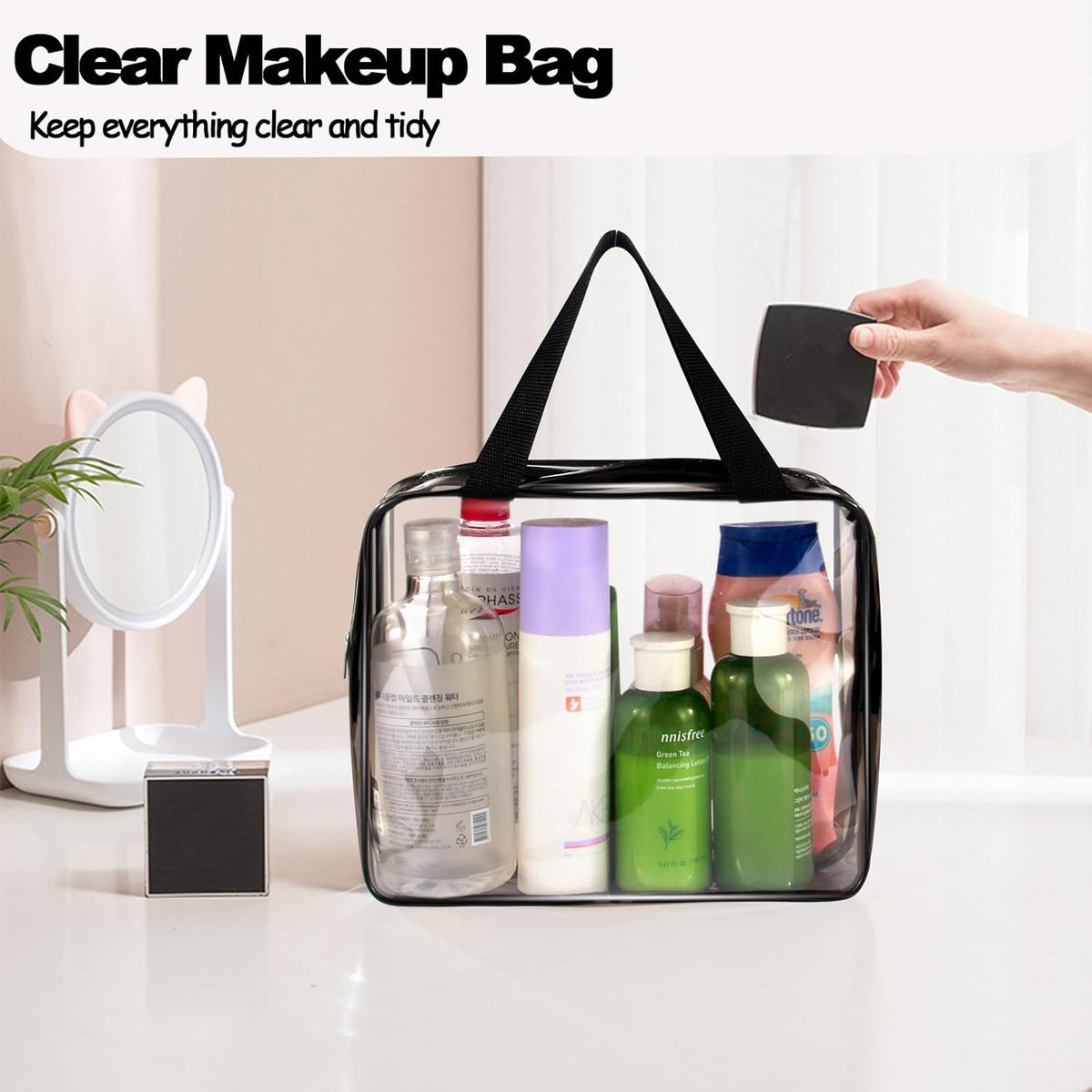 Crystal Clear PVC Travel Toiletry Bag Kit for Women Men, Waterproof Vinyl Organizer Makeup Bags with Zipper Handle Straps, Cosmetic Bag Pouch Carry on Airport Airline Compliant Bag Handbag