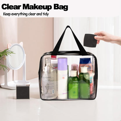 Crystal Clear PVC Travel Toiletry Bag Kit for Women Men, Waterproof Vinyl Organizer Makeup Bags with Zipper Handle Straps, Cosmetic Bag Pouch Carry on Airport Airline Compliant Bag Handbag