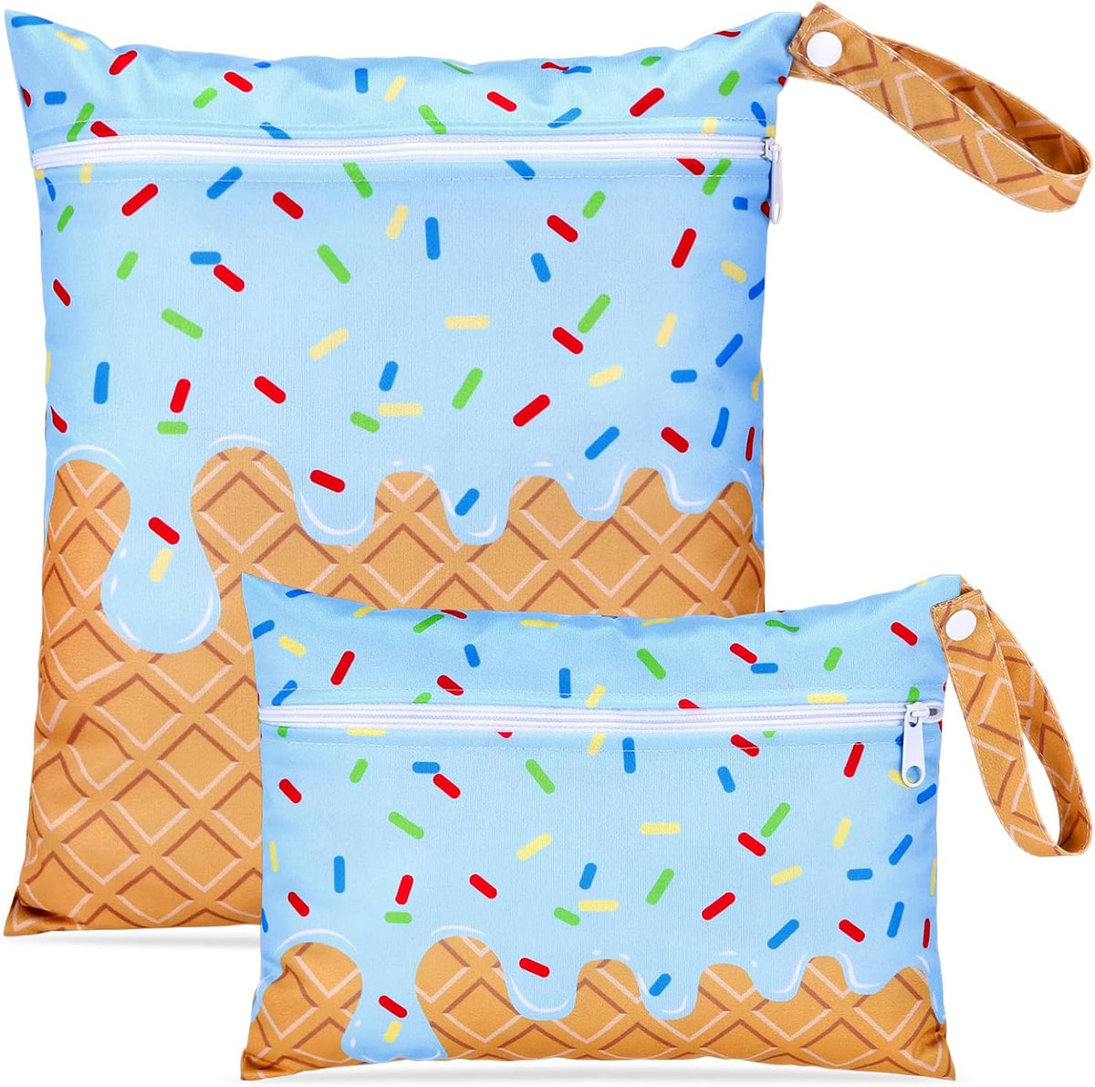 2 Pack Wet Dry Bags Ice Cream Waterproof Pouch Large & Small Makeup Bag Baby Wet Bags Zipper Pouch for Baby Women Diapers Cloth(Green)