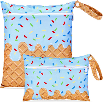 2 Pack Wet Dry Bags Ice Cream Waterproof Pouch Large & Small Makeup Bag Baby Wet Bags Zipper Pouch for Baby Women Diapers Cloth(Green)