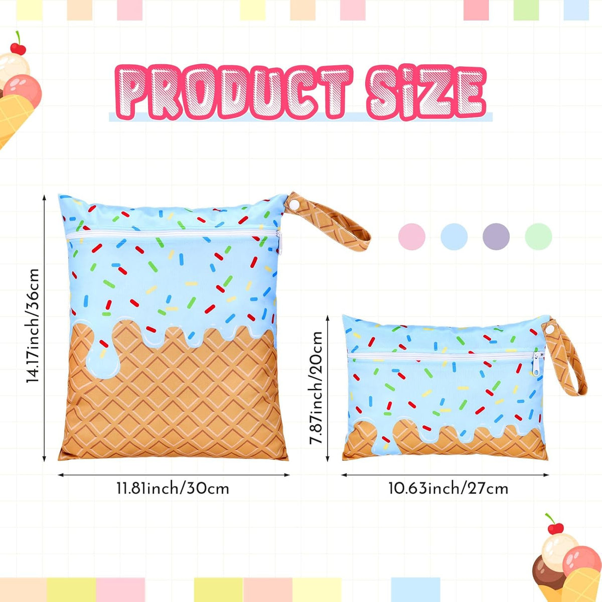 2 Pack Wet Dry Bags Ice Cream Waterproof Pouch Large & Small Makeup Bag Baby Wet Bags Zipper Pouch for Baby Women Diapers Cloth(Green)
