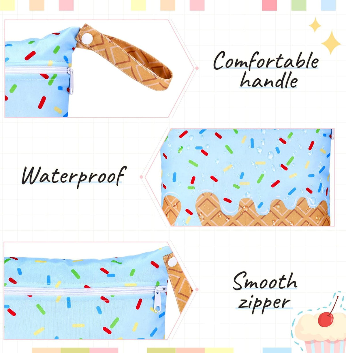 2 Pack Wet Dry Bags Ice Cream Waterproof Pouch Large & Small Makeup Bag Baby Wet Bags Zipper Pouch for Baby Women Diapers Cloth(Green)
