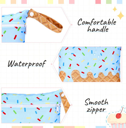 2 Pack Wet Dry Bags Ice Cream Waterproof Pouch Large & Small Makeup Bag Baby Wet Bags Zipper Pouch for Baby Women Diapers Cloth(Green)