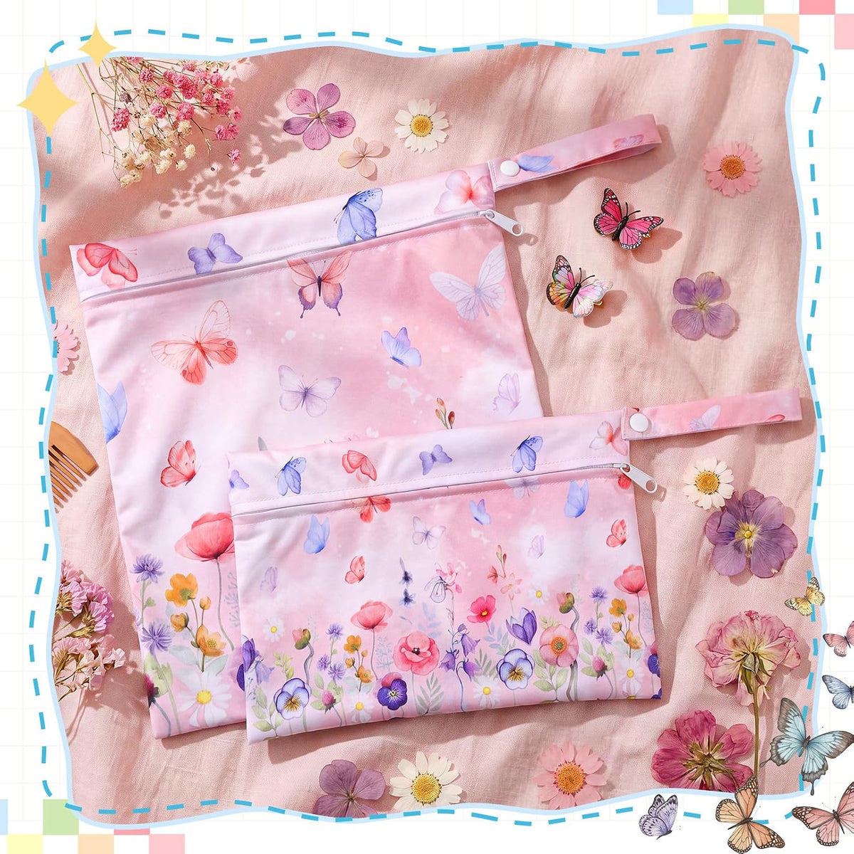 2 Pack Wet Dry Bags Ice Cream Waterproof Pouch Large & Small Makeup Bag Baby Wet Bags Zipper Pouch for Baby Women Diapers Cloth(Green)